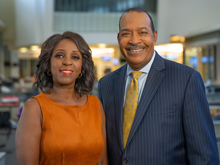 Spectrum News veteran anchors Cheryl Wills and Lewis Dodley in the studio