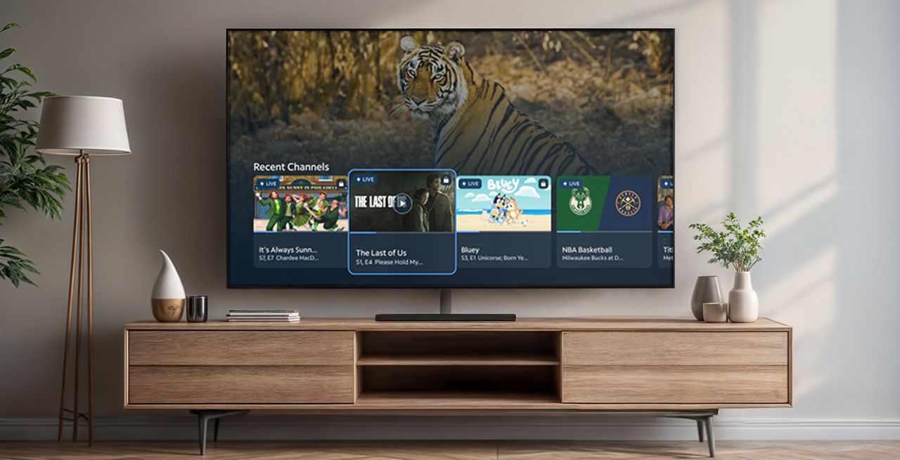 TV on a console with lamp and plants